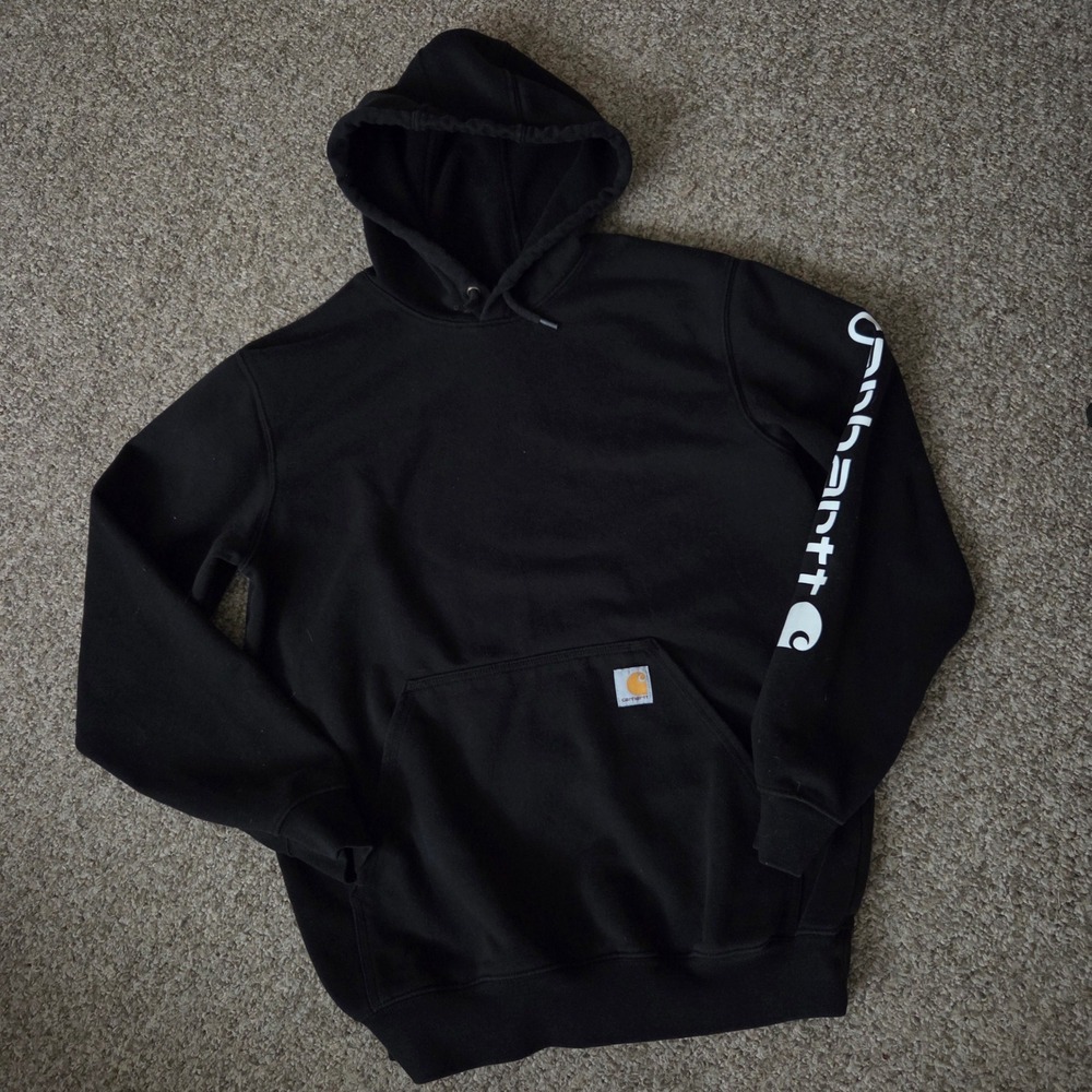 Carhartt K288 Hoodie Mens Medium Loose Fit Black Workwear Sleeve Logo Spellout